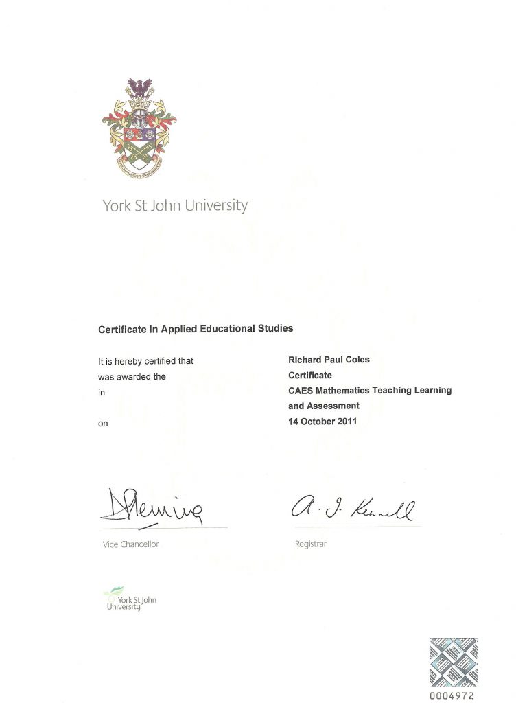 Image showing Richard's Diploma Certificate in Advanced Education Studies in the Teaching of Mathematics - University of York St. John 2011 Certificate on a site for Tutor