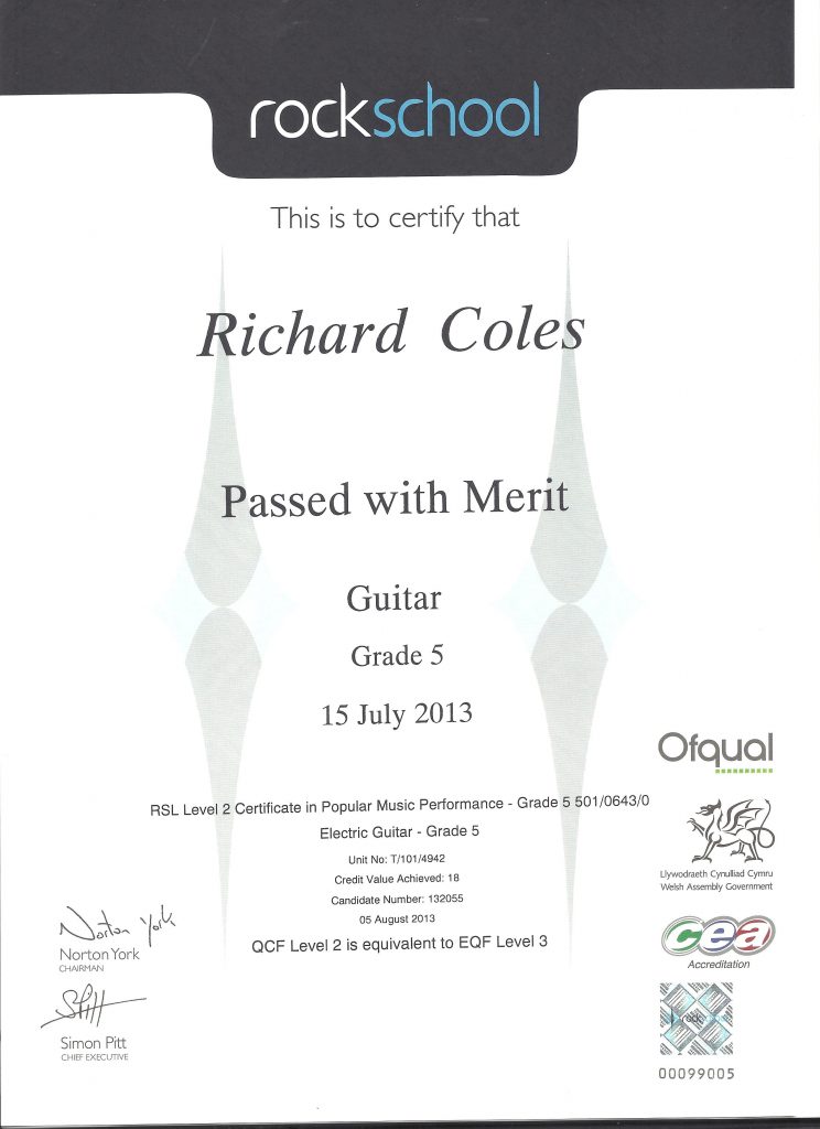 Image showing Richard's Grade 5 Certificate in Guitar - Rockschool 2013 Certificate on a site for Tutor