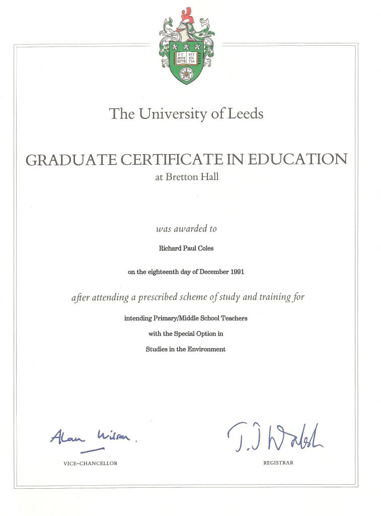Post Graduate Certificate in Education University of Leeds 1991