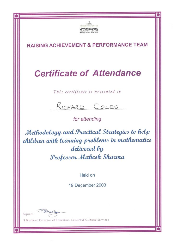 Image showing Richard's Raising Achievement in Maths 2003 Certificate on a site for Tutor