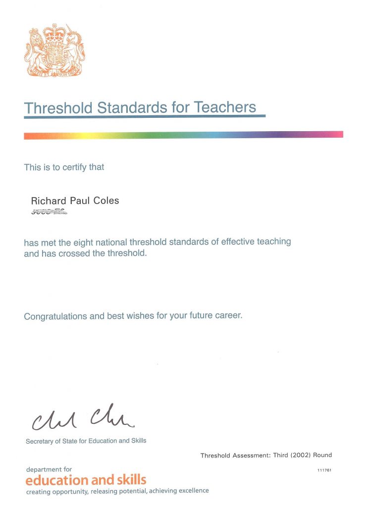 Image showing Richard's Threshold Standard for Effective Teachers 2002 Certificate on a site for Tutor